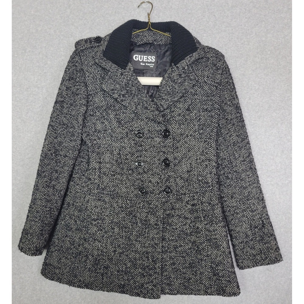 Vtg Guess Los Womens Black White Herringbone Wool Blend Peacoat Size L